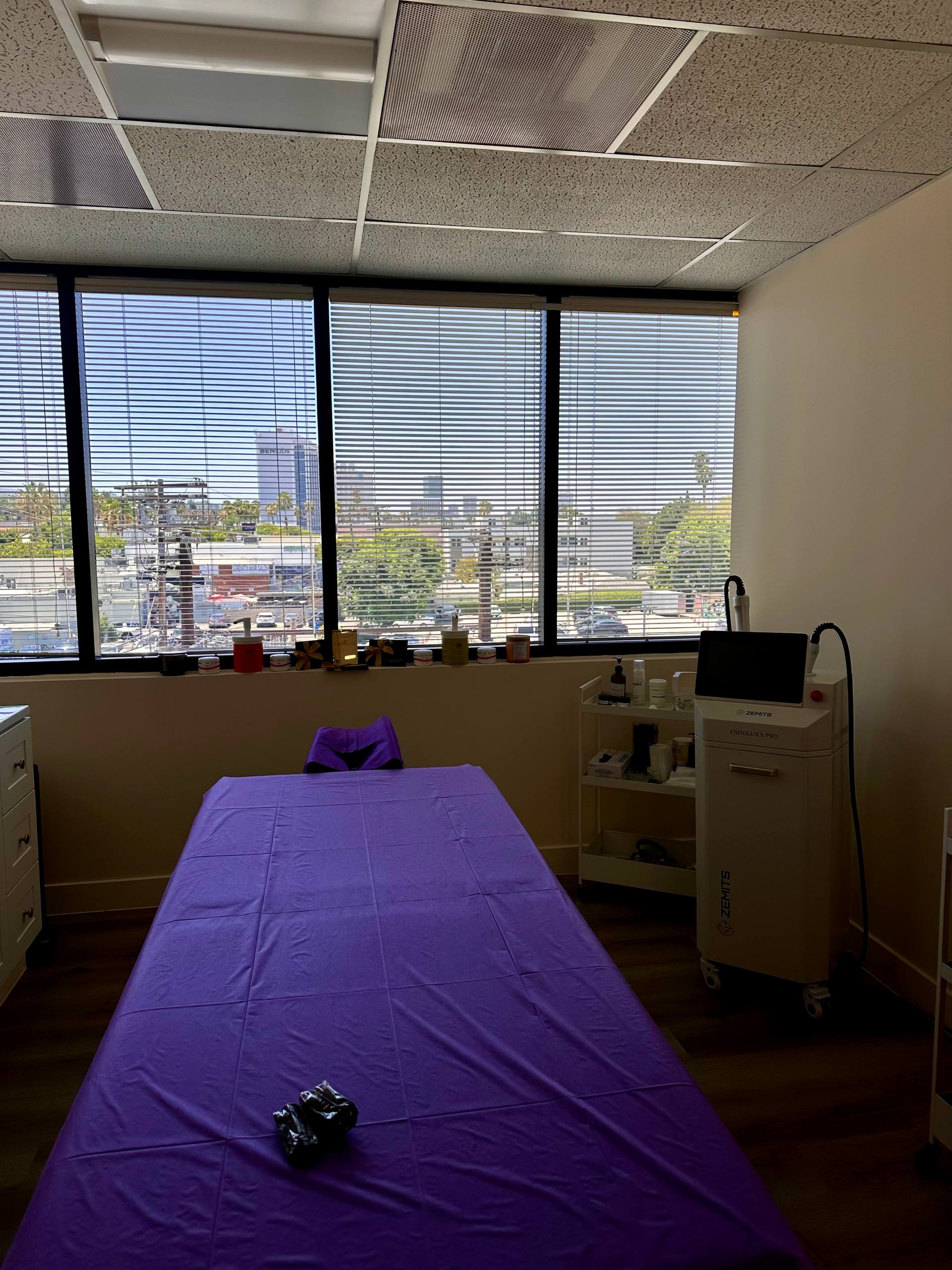 Sculpt & Glow treatment room with body contouring equipment and Los Angeles skyline view